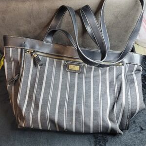 Etienne Aigner Striped Shoulder Bag Black Gray White Cotton *read*